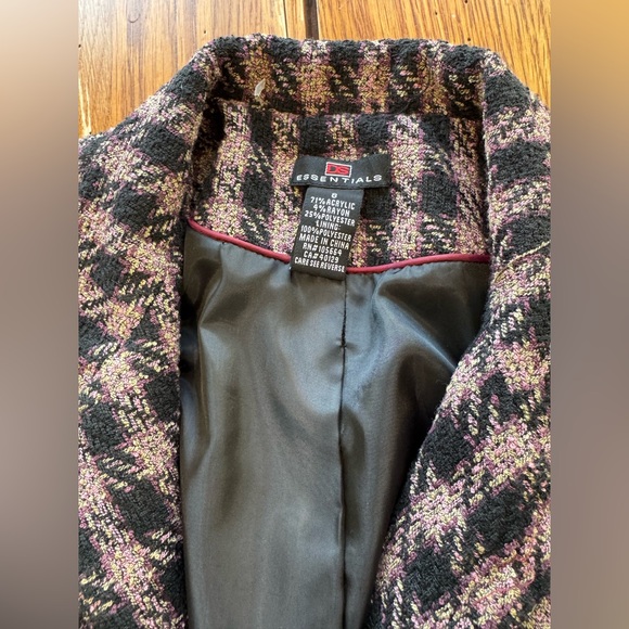 Vintage DS Essentials Faux Fur Trim Houndstooth Long Jacket Coat pink black - Picture 6 of 8